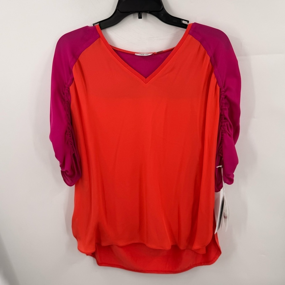 NWT Per Se By Carlisle 100% Silk Colorblock V-Neck Blouse Ruched Sleeve Size 8